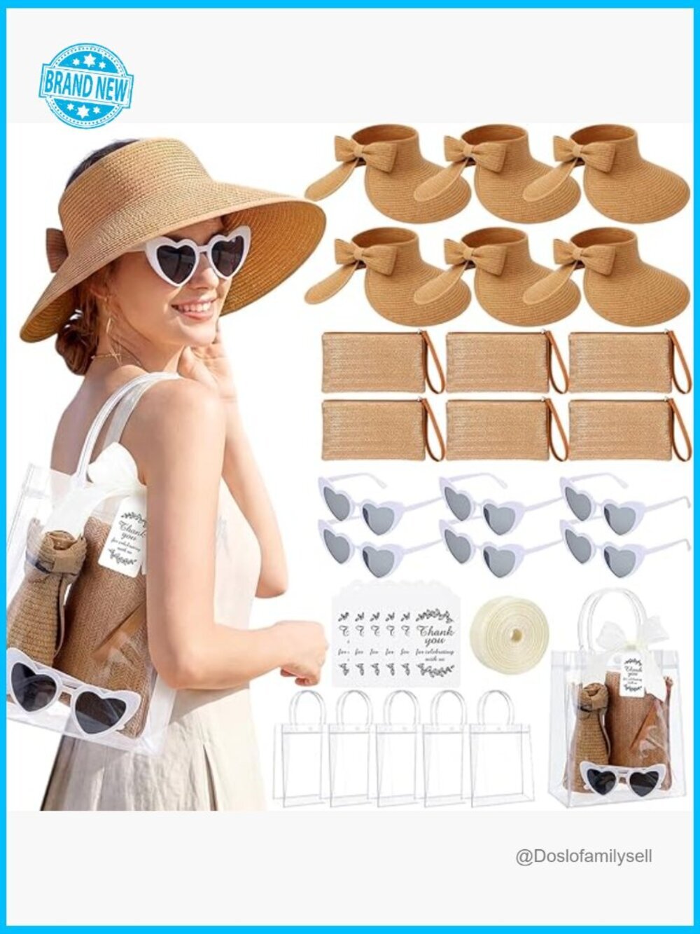 6 Piece Beach Gift Set Sun Hat Visor Straw Clutch Heart Sunglasses Summer Party